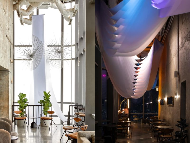 Kh&ocirc;ng gian qu&aacute;n c&agrave; ph&ecirc; với thiết kế nội thất hiện đại, &aacute;nh s&aacute;ng tự nhi&ecirc;n ban ng&agrave;y v&agrave; &aacute;nh s&aacute;ng đ&egrave;n buổi tối.