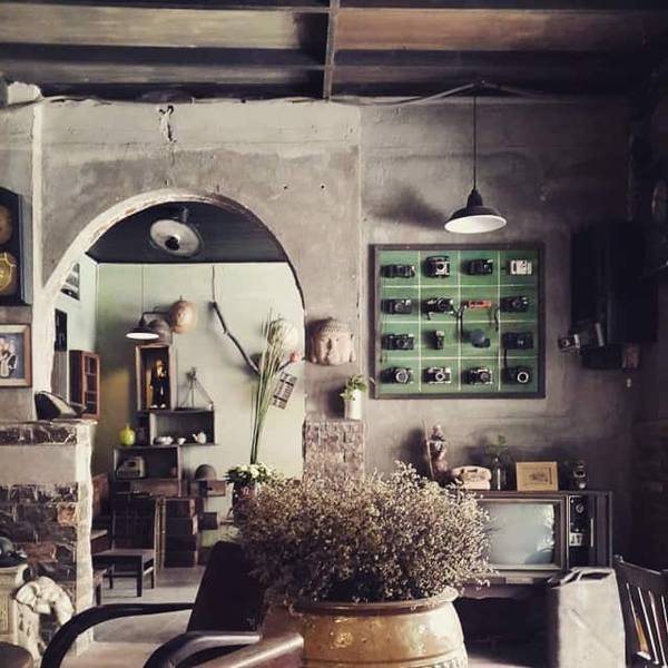 Qu&aacute;n c&agrave; ph&ecirc; phong c&aacute;ch vintage với đồ trang tr&iacute; cổ điển, kệ m&aacute;y ảnh v&agrave; chậu c&acirc;y tr&ecirc;n b&agrave;n.