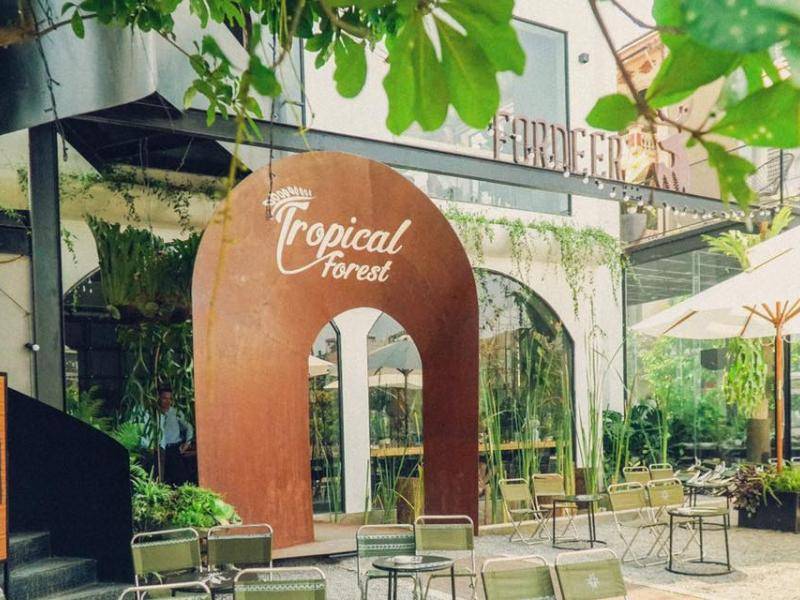 Qu&aacute;n c&agrave; ph&ecirc; phong c&aacute;ch nhiệt đới với cổng v&ograve;m v&agrave; c&acirc;y xanh xung quanh, ghế ngồi ngo&agrave;i trời dưới &ocirc; che nắng.