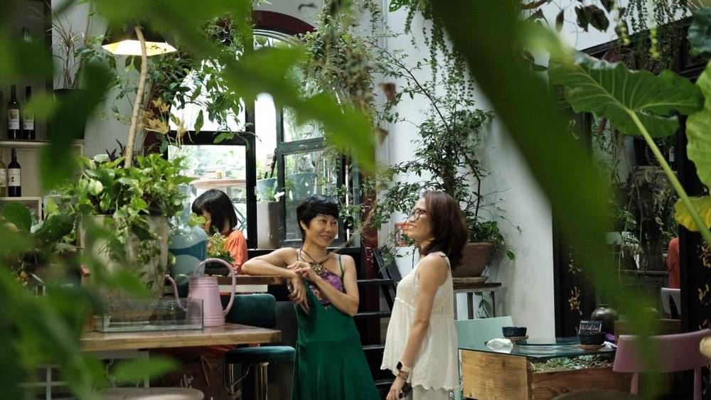 Hai người đứng trò chuyện trong quán cà phê nhiều cây xanh, không gian thoáng đãng và ánh sáng tự nhiên.