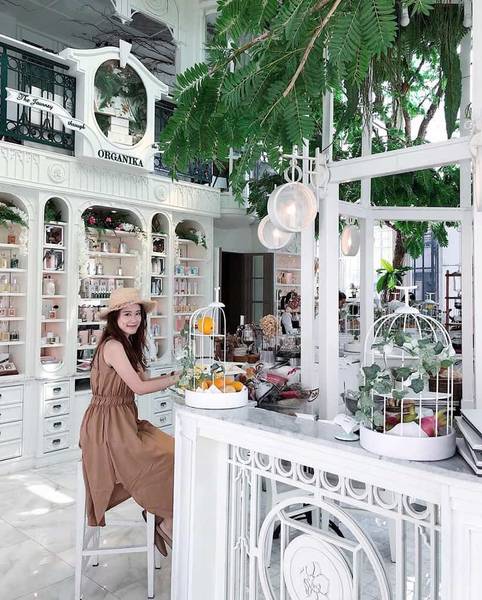 Qu&aacute;n c&agrave; ph&ecirc; với thiết kế nội thất s&aacute;ng sủa, nhiều c&acirc;y xanh, một người ngồi tr&ecirc;n ghế cạnh quầy trang tr&iacute; đẹp mắt.