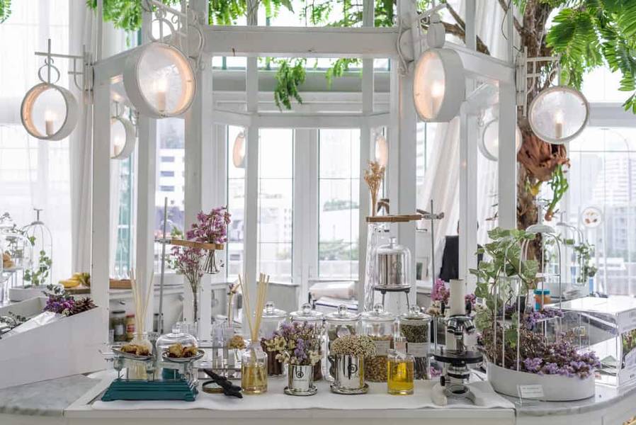 Quầy pha chế trang tr&iacute; c&acirc;y xanh v&agrave; đ&egrave;n treo, với nhiều lọ đựng nguy&ecirc;n liệu v&agrave; vật dụng pha chế.