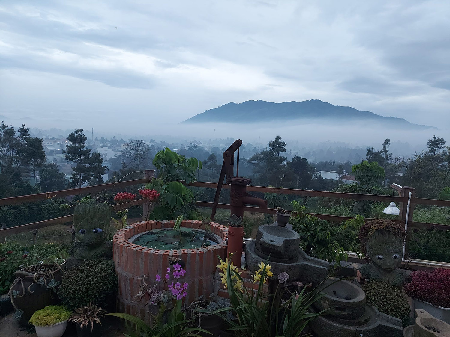 Khu vườn tr&ecirc;n cao với nhiều c&acirc;y v&agrave; hoa, xa xa l&agrave; d&atilde;y n&uacute;i v&agrave; th&agrave;nh phố mờ ảo trong sương buổi s&aacute;ng.