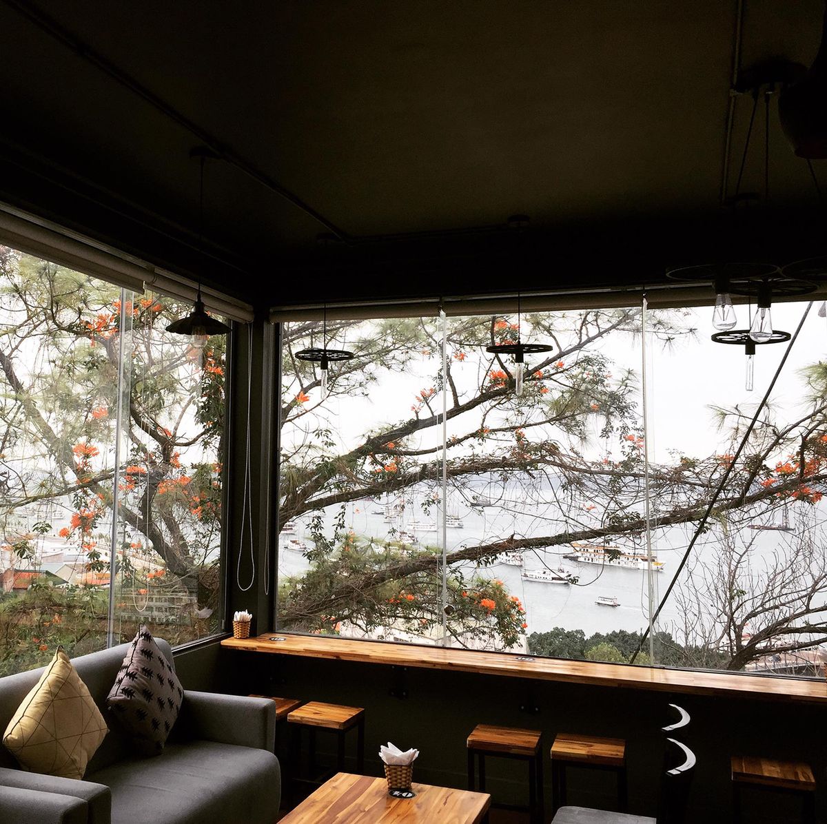 Qu&aacute;n c&agrave; ph&ecirc; với cửa k&iacute;nh lớn nh&igrave;n ra c&acirc;y xanh v&agrave; biển, nội thất gỗ v&agrave; ghế sofa.