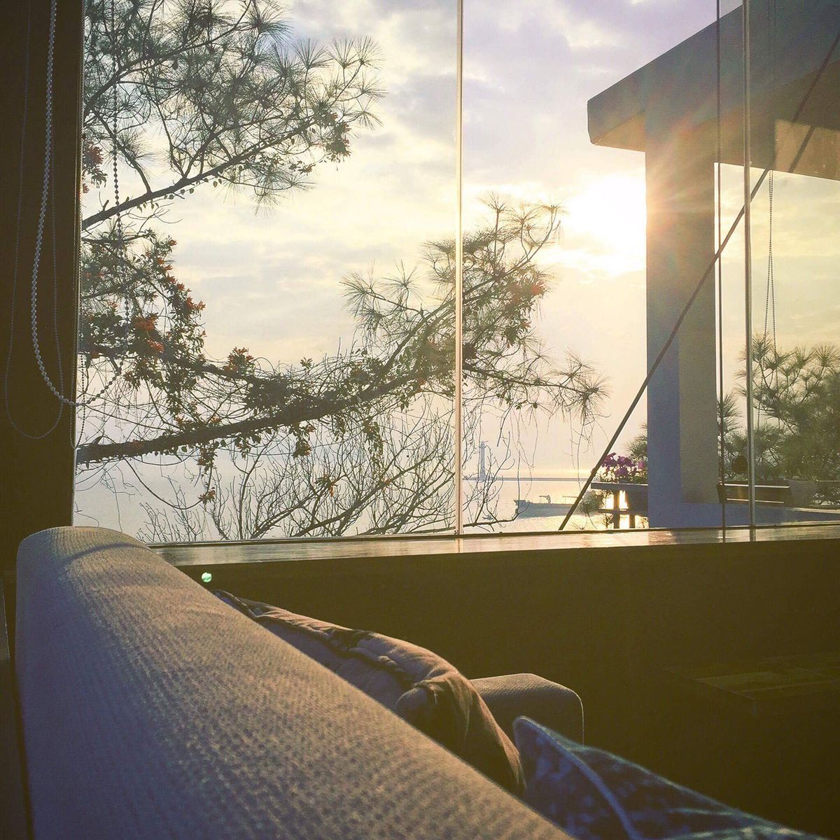 Cảnh ho&agrave;ng h&ocirc;n nh&igrave;n qua cửa sổ với c&acirc;y cối v&agrave; một phần kiến tr&uacute;c hiện đại b&ecirc;n ngo&agrave;i.