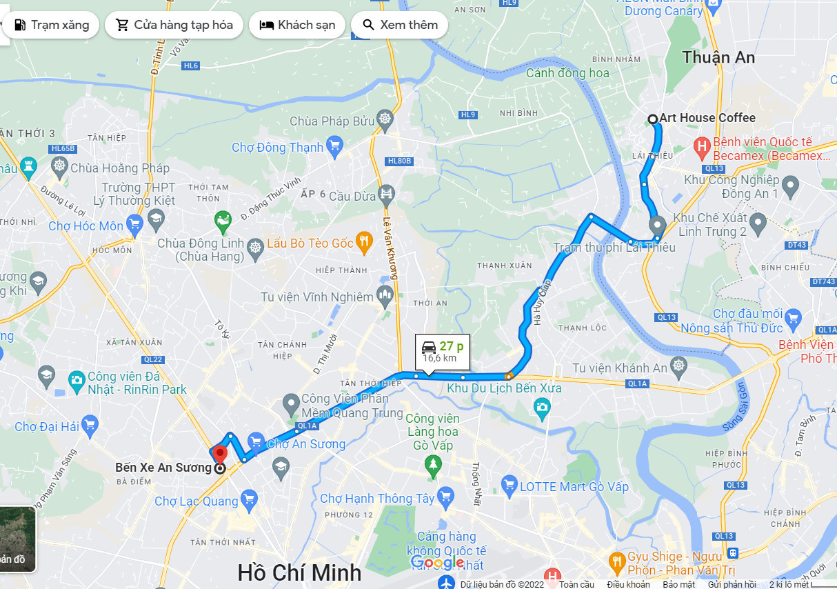 Bản đồ chỉ đường từ một điểm ở Thủ Dầu Một đến Bến xe An Sương qua các tuyến đường chính.