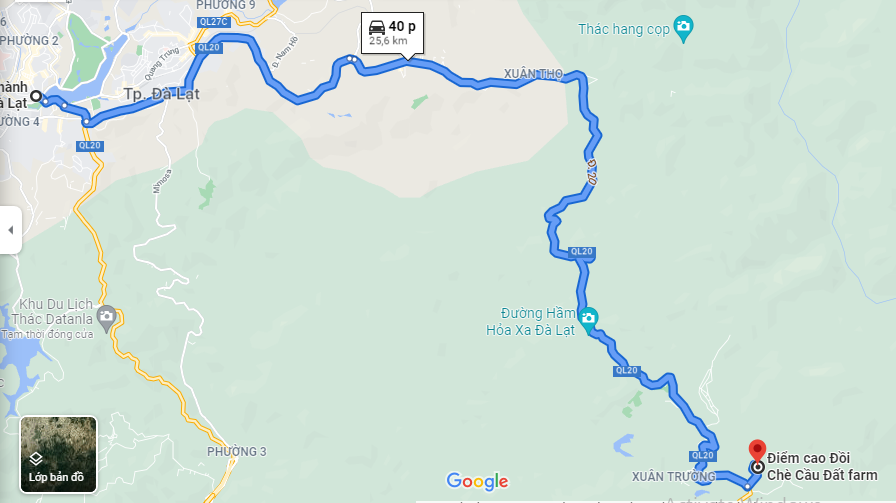 Bản đồ hiển thị lộ trình từ Đà Lạt đến Điểm cao Đồi Chè Cầu Đất, dài 25,6 km, mất 40 phút lái xe.