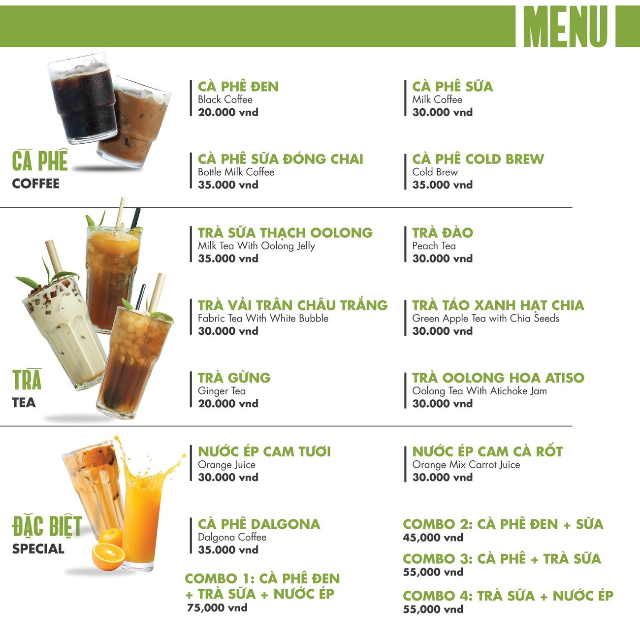 Menu đồ uống hiển thị các loại cà phê, trà và nước ép với giá tiền bằng VND.