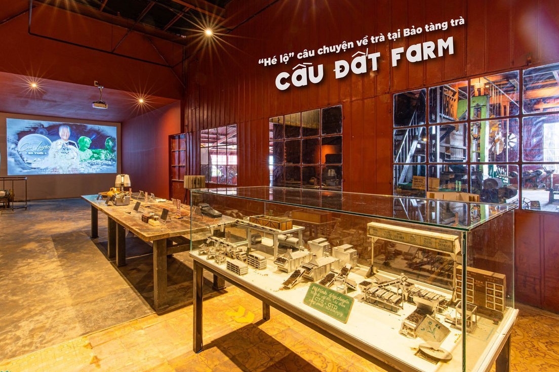Phòng trưng bày với mô hình và màn hình chiếu, bên trong bảo tàng trà Cầu Đất Farm.