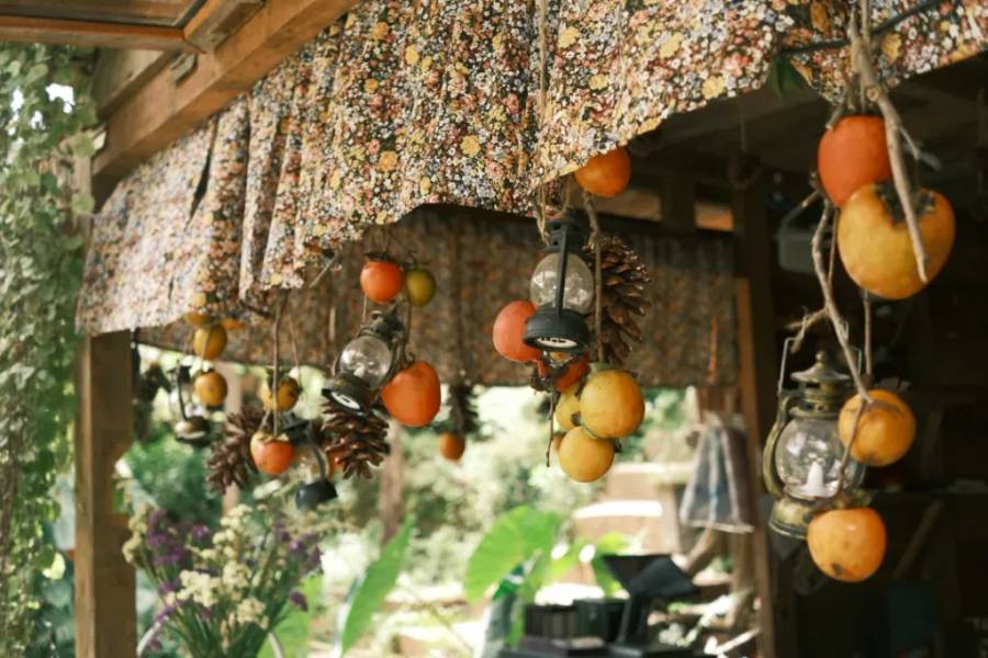 Những quả hồng kh&ocirc; treo dưới m&aacute;i hi&ecirc;n c&oacute; hoa văn, tạo n&ecirc;n khung cảnh mộc mạc v&agrave; tự nhi&ecirc;n.