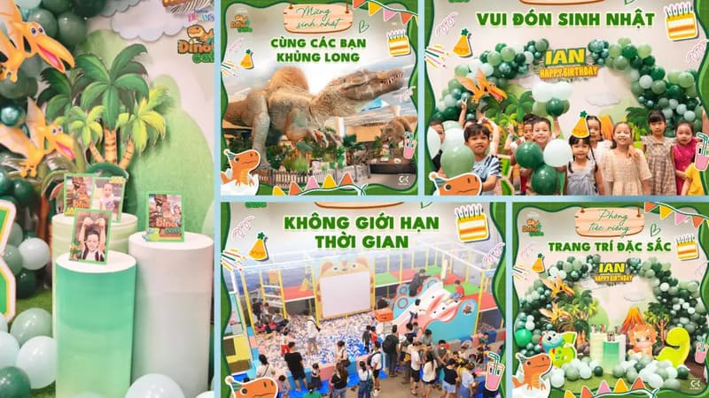 Bữa tiệc sinh nhật theo chủ đề khủng long, với trang trí bóng bay và cảnh quan nhiệt đới, trẻ em vui chơi.