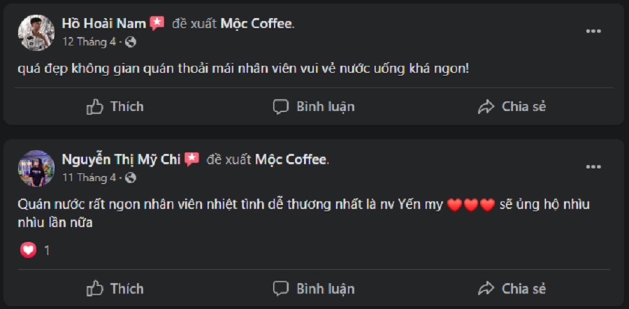 Hai bình luận trên Facebook về quán Mộc Coffee, khen ngợi không gian và nhân viên phục vụ.