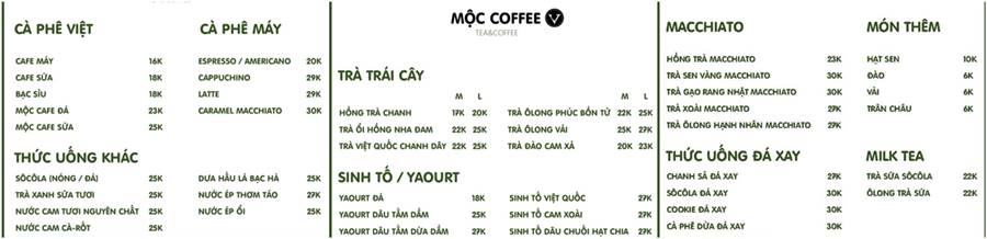 Thực đơn đồ uống của quán cà phê với các loại cà phê, trà, sinh tố và món thêm kèm giá.