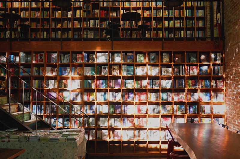 Kệ s&aacute;ch lớn với nhiều cuốn s&aacute;ch đa dạng, &aacute;nh s&aacute;ng chiếu qua cửa sổ tạo hiệu ứng s&aacute;ng tối tr&ecirc;n b&igrave;a s&aacute;ch.