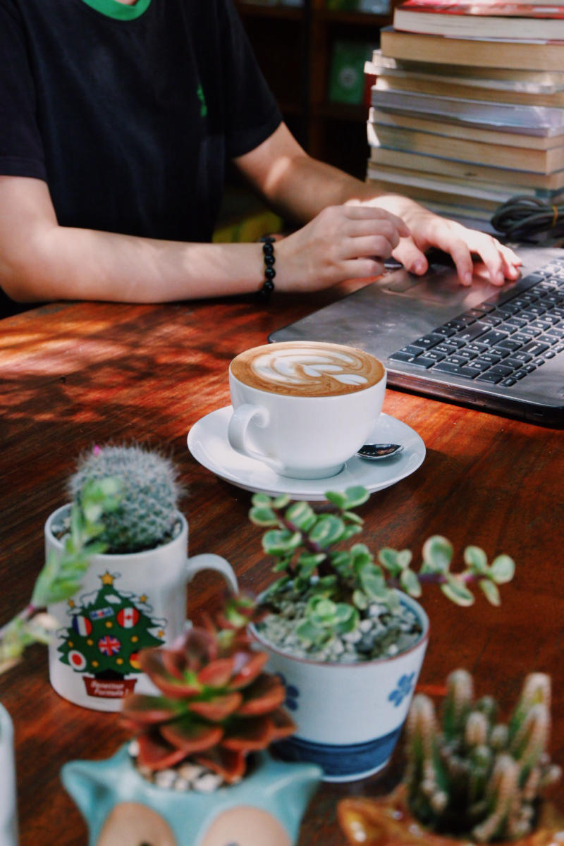 Người đang l&agrave;m việc tr&ecirc;n m&aacute;y t&iacute;nh x&aacute;ch tay với ly c&agrave; ph&ecirc; v&agrave; c&acirc;y cảnh nhỏ tr&ecirc;n b&agrave;n gỗ.