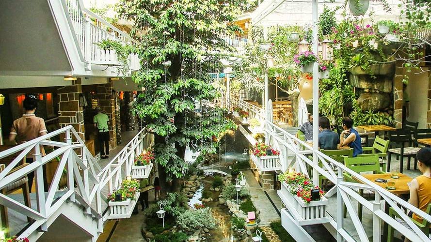 Quán cà phê trong nhà với thiết kế cầu và cây xanh, mang không gian thoáng đãng và thư giãn cho khách.