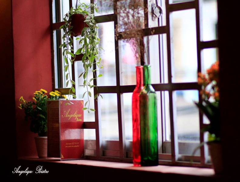 Cửa sổ với chai thủy tinh màu đỏ và xanh, cây xanh và thực đơn trên bậu cửa, ánh sáng tự nhiên chiếu qua.