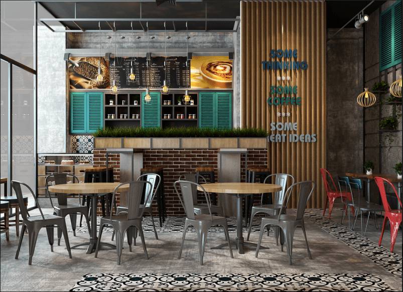 Qu&aacute;n c&agrave; ph&ecirc; hiện đại với b&agrave;n ghế kim loại, quầy bar gạch, đ&egrave;n treo v&agrave; bảng menu tr&ecirc;n tường.