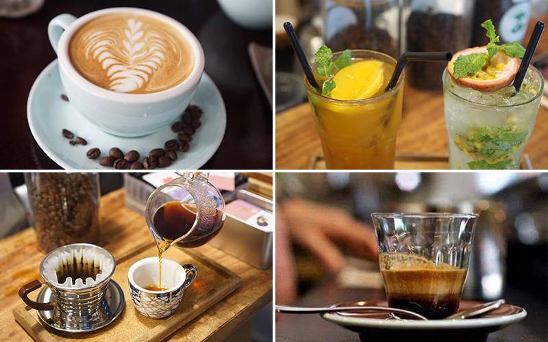 Bốn loại đồ uống kh&aacute;c nhau gồm c&agrave; ph&ecirc; nghệ thuật, tr&agrave; tr&aacute;i c&acirc;y, c&agrave; ph&ecirc; phin v&agrave; espresso tr&ecirc;n b&agrave;n.