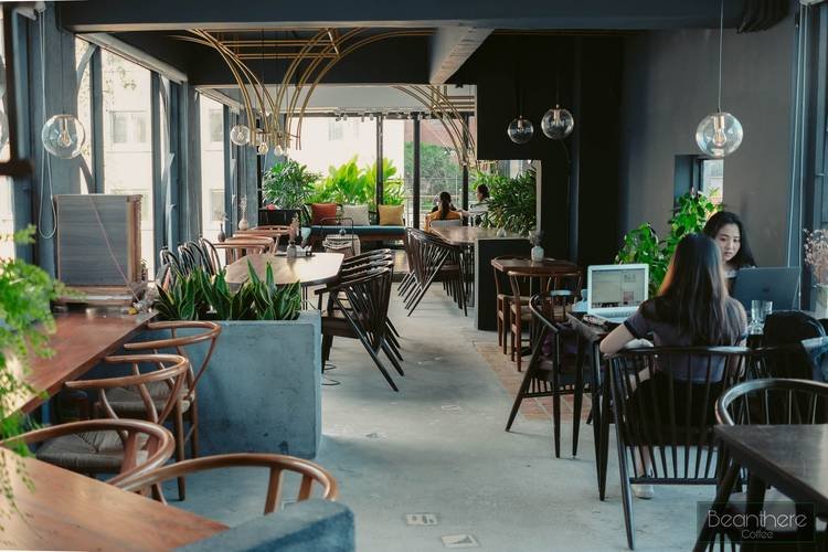 Quán cà phê hiện đại với khách đang làm việc trên laptop, cây xanh trang trí tạo cảm giác thoải mái và sáng tạo.