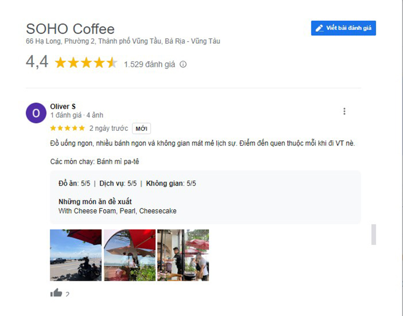 Đ&aacute;nh gi&aacute; qu&aacute;n SOHO Coffee ở Vũng T&agrave;u với điểm số 4,4 sao v&agrave; nhận x&eacute;t t&iacute;ch cực về đồ uống, dịch vụ v&agrave; kh&ocirc;ng gian.