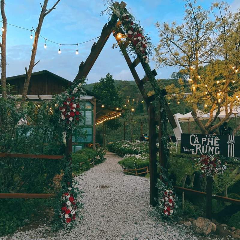 Lối v&agrave;o qu&aacute;n c&agrave; ph&ecirc; trang tr&iacute; hoa v&agrave; đ&egrave;n, b&ecirc;n cạnh biển hiệu, tạo kh&ocirc;ng gian thư gi&atilde;n giữa thi&ecirc;n nhi&ecirc;n.