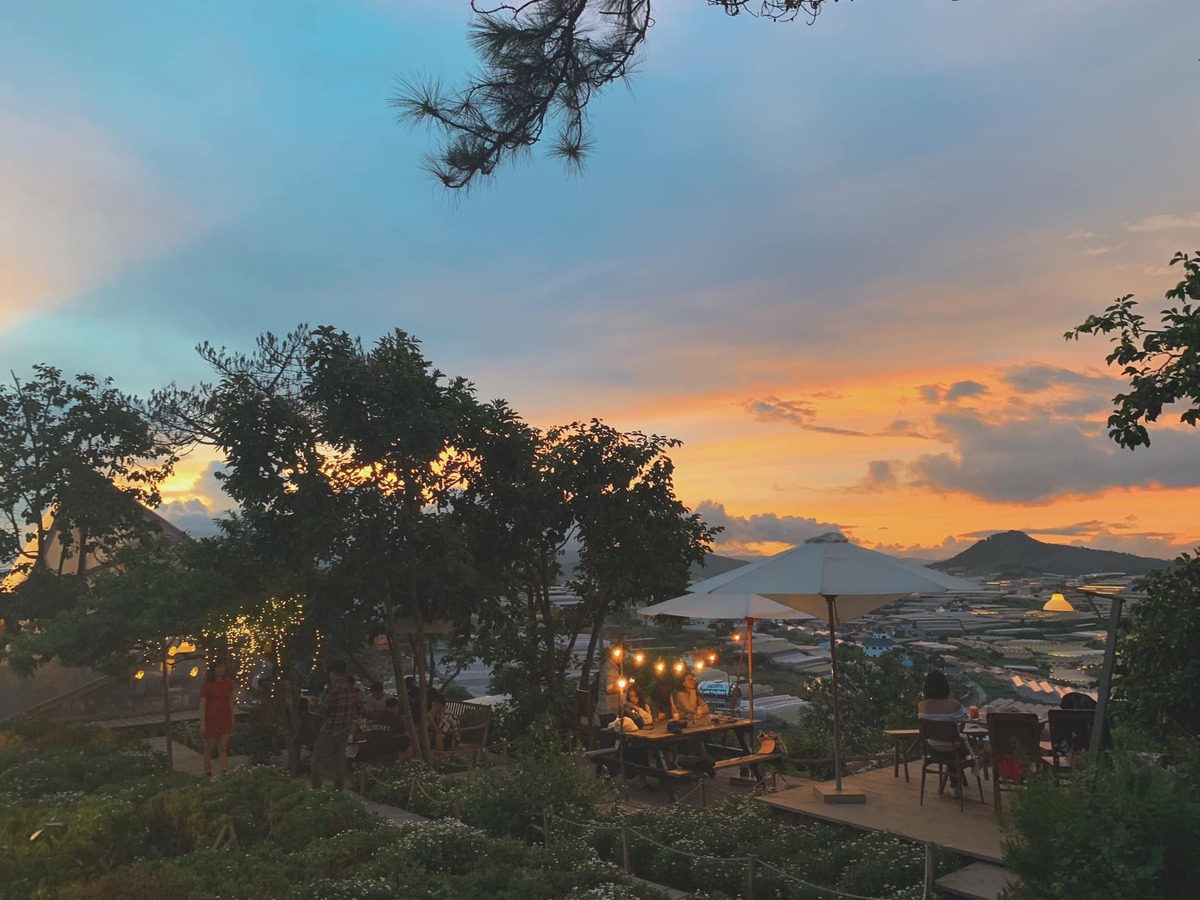 Qu&aacute;n c&agrave; ph&ecirc; ngo&agrave;i trời với &aacute;nh đ&egrave;n v&agrave;ng, c&acirc;y cối xanh m&aacute;t, ho&agrave;ng h&ocirc;n rực rỡ ph&iacute;a xa tr&ecirc;n bầu trời.