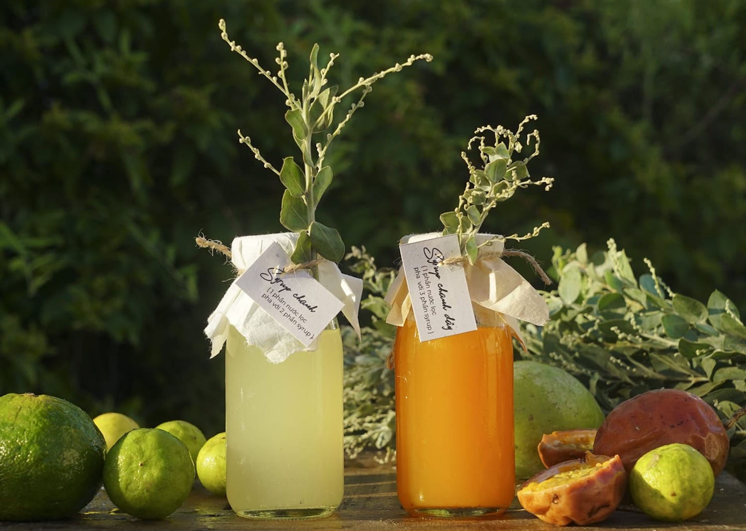 Hai lọ nước tr&aacute;i c&acirc;y, một m&agrave;u v&agrave;ng v&agrave; một m&agrave;u cam, đặt tr&ecirc;n b&agrave;n với tr&aacute;i c&acirc;y xung quanh.