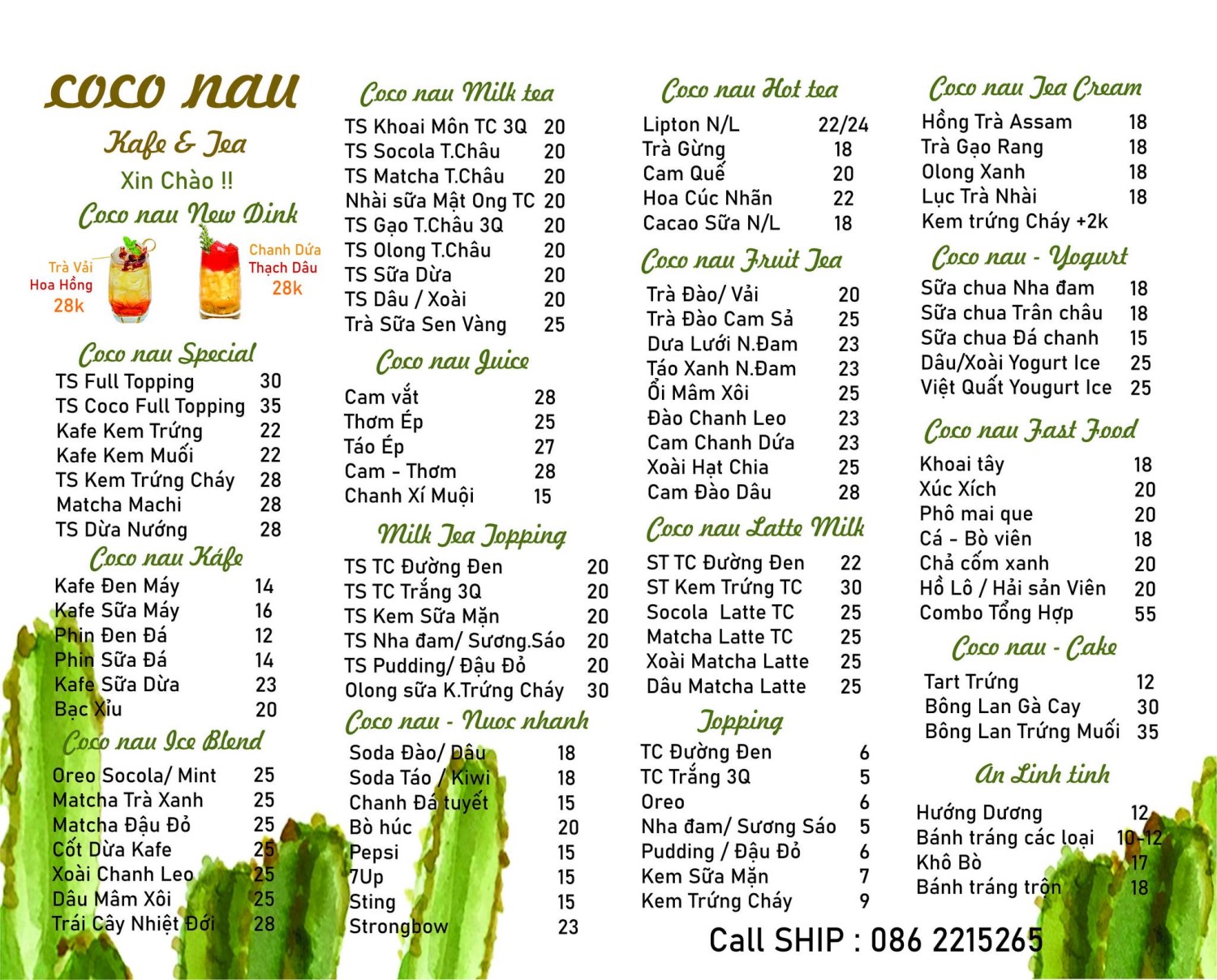 coco-nau-kafe-tea-tiem-ca-phe-dia-trung-hai-giua-long-pleiku-3-1660053351 Menu đồ uống và thức ăn với nhiều lựa chọn trà, cà phê, nước trái cây, sữa chua, bánh ngọt và đồ ăn nhanh.