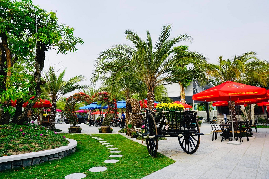 Khu vườn ngoài trời với cây cọ, xe kéo trang trí hoa, và dù đỏ, xanh tại khu vực nghỉ ngơi.