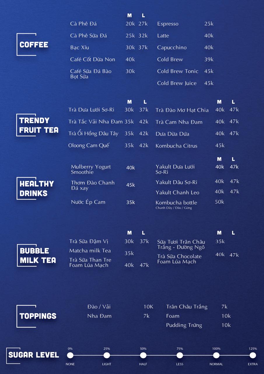 Menu đồ uống với c&aacute;c loại c&agrave; ph&ecirc;, tr&agrave; tr&aacute;i c&acirc;y, tr&agrave; sữa, v&agrave; mức độ đường tr&ecirc;n nền xanh.