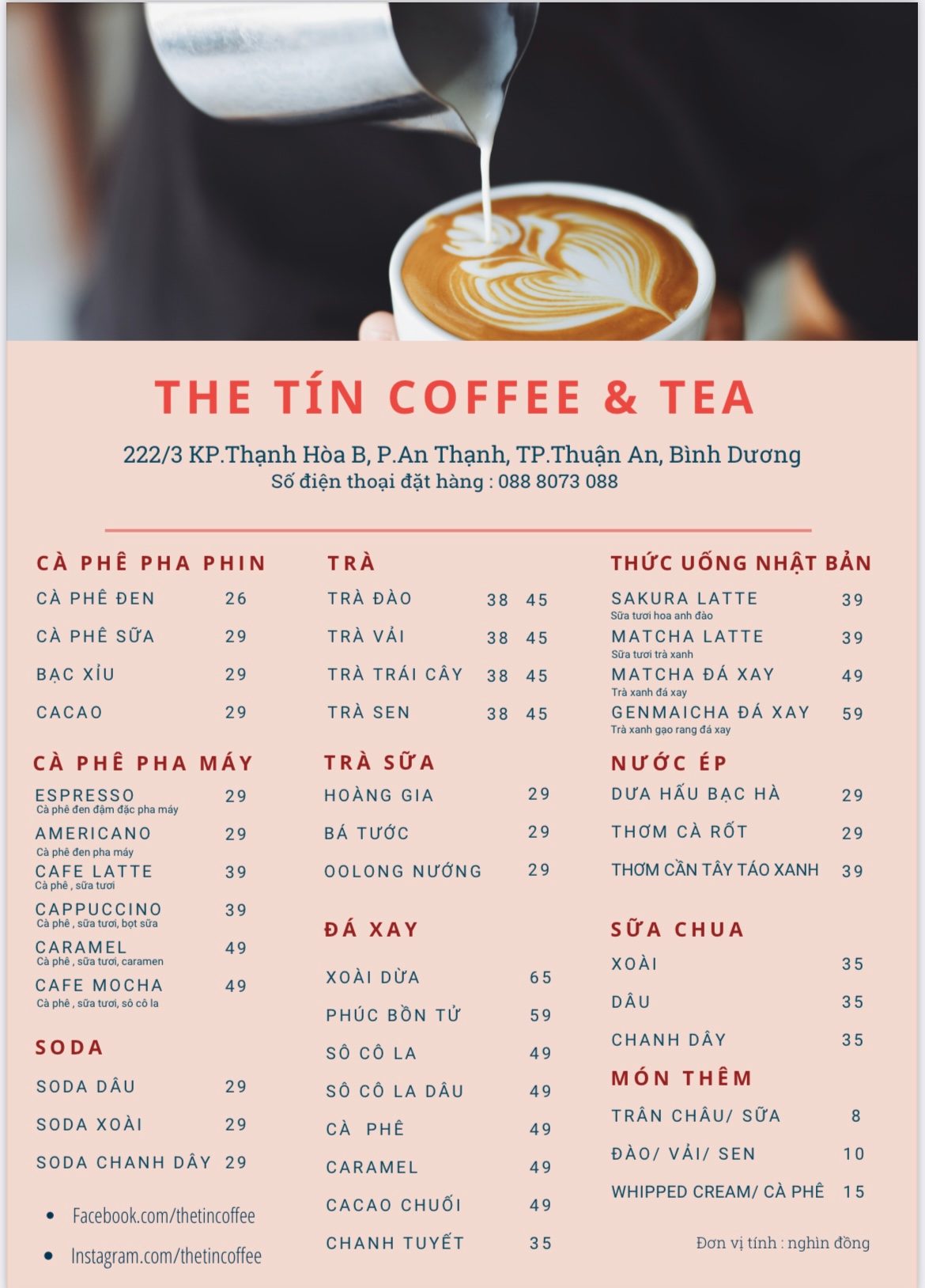 Thực đơn qu&aacute;n The T&iacute;n Coffee & Tea với nhiều loại đồ uống c&agrave; ph&ecirc;, tr&agrave;, soda v&agrave; m&oacute;n th&ecirc;m k&egrave;m gi&aacute; tiền.