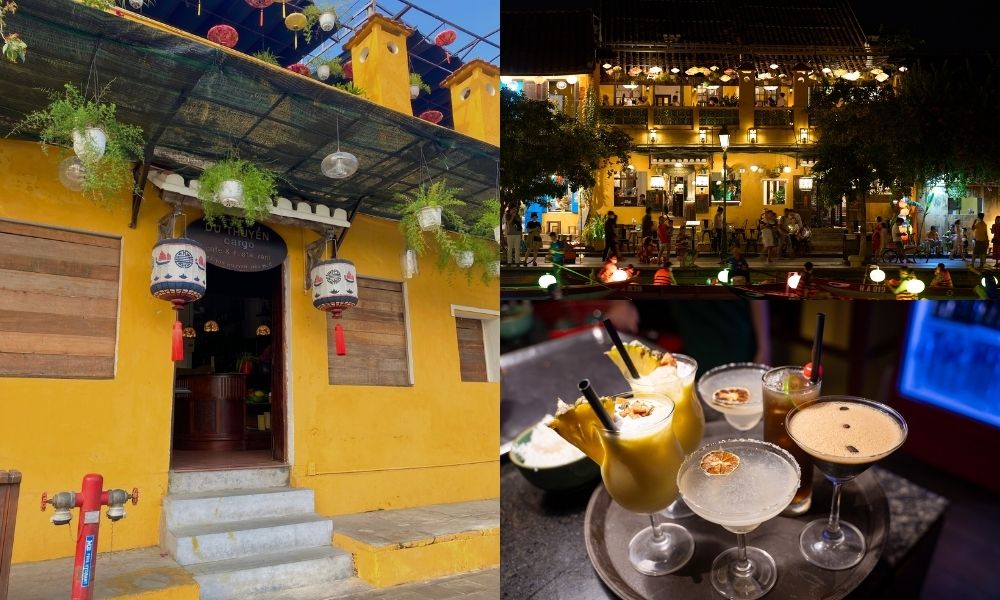 Khám Phá Hơn 10 Quán Cafe Đẹp Ở Hội An Cho Góc Sống Ảo Triệu Like 13 Quán cà phê với mặt tiền màu vàng, đèn lồng trang trí và bộ sưu tập đồ uống đủ loại.