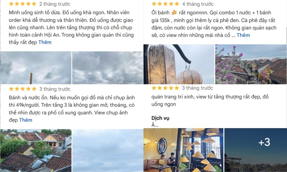 Khám Phá Hơn 10 Quán Cafe Đẹp Ở Hội An Cho Góc Sống Ảo Triệu Like 4 Hình ảnh các đánh giá với sao, mô tả đồ ăn, đồ uống và khung cảnh từ quán cà phê nhìn ra phố cổ.