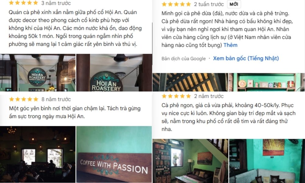 Khám Phá Hơn 10 Quán Cafe Đẹp Ở Hội An Cho Góc Sống Ảo Triệu Like 16 Hình ảnh các đánh giá trực tuyến về một quán cà phê ở Hội An, với hình ảnh nội thất và bảng hiệu quán.