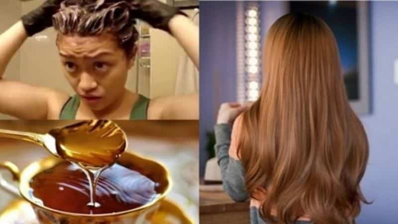 Người tự nhuộm t&oacute;c, b&ecirc;n dưới l&agrave; mật ong trong ch&eacute;n v&agrave; m&aacute;i t&oacute;c d&agrave;i mượt m&agrave; trong ph&ograve;ng.