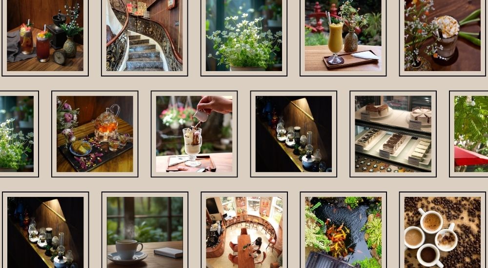Khám Phá 10 Quán Cafe Gò Vấp Với Góc "Hidden Gem" Độc Đáo 24 Ghép ảnh gồm ly đồ uống, cầu thang, cây xanh, đèn trang trí, bánh ngọt và cá koi trong không gian quán cà phê.