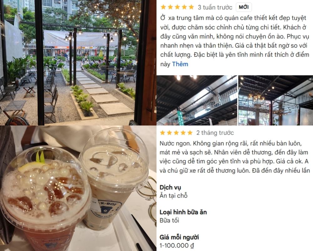 Khám Phá 8+ Quán Cafe Đêm Sài Gòn Đẹp Lung Linh Bạn Không Thể Bỏ Lỡ 18 Khu vực ngoài trời của quán cà phê với bàn ghế, cây xanh và đồ uống. Nội thất hiện đại, rộng rãi và sạch sẽ.