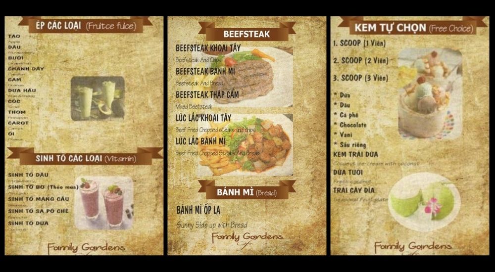 Khám Phá 10 Quán Cafe Gò Vấp Với Góc "Hidden Gem" Độc Đáo 7 Thực đơn với các loại nước ép, sinh tố, beefsteak và kem tự chọn, kèm hình minh họa món ăn.