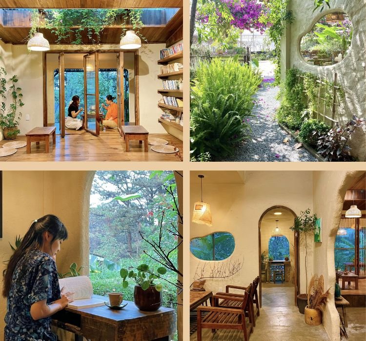 Người đọc s&aacute;ch trong qu&aacute;n c&agrave; ph&ecirc; ấm c&uacute;ng, c&oacute; cửa k&iacute;nh lớn v&agrave; vườn c&acirc;y xanh tươi b&ecirc;n ngo&agrave;i.