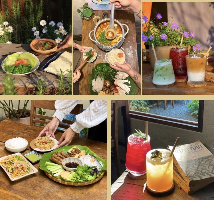 Bữa ăn Việt Nam với phở, gỏi cuốn v&agrave; đồ uống, b&agrave;y biện tr&ecirc;n b&agrave;n gỗ c&ugrave;ng hoa tươi trang tr&iacute;.