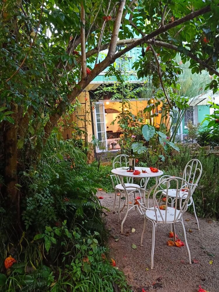 B&agrave;n ghế trắng giữa khu vườn xanh tươi với c&acirc;y cối rậm rạp v&agrave; căn nh&agrave; nhỏ ph&iacute;a sau.