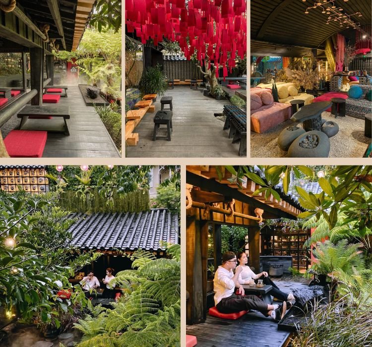 Qu&aacute;n c&agrave; ph&ecirc; phong c&aacute;ch Nhật Bản với kh&ocirc;ng gian xanh m&aacute;t, nội thất gỗ v&agrave; đ&egrave;n lồng trang tr&iacute;.