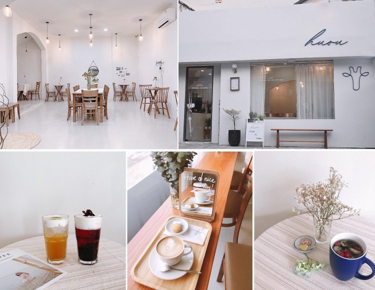 Qu&aacute;n c&agrave; ph&ecirc; hiện đại với nội thất tối giản, c&oacute; đồ uống v&agrave; b&aacute;nh ngọt tr&ecirc;n b&agrave;n, trang tr&iacute; c&acirc;y xanh nhỏ.