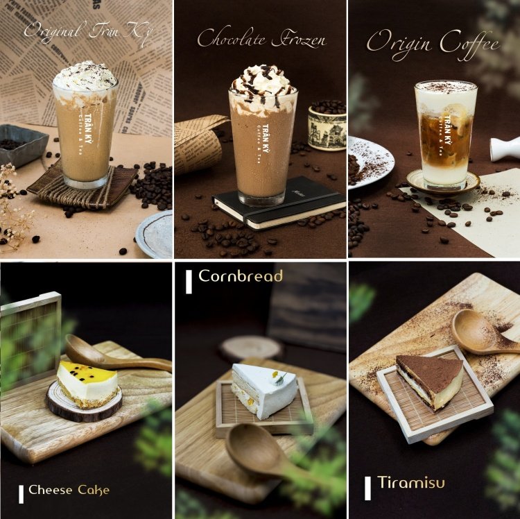 H&igrave;nh ảnh gồm ba ly thức uống v&agrave; ba miếng b&aacute;nh tr&ecirc;n nền gỗ, trang tr&iacute; với hạt c&agrave; ph&ecirc; v&agrave; dụng cụ ăn uống.