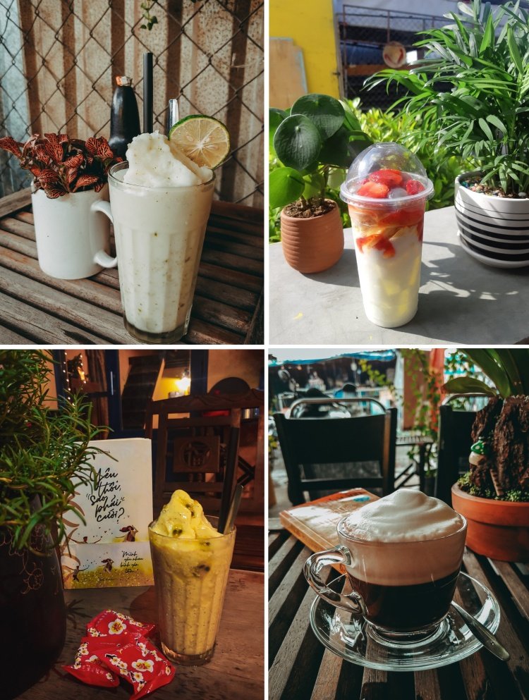 Bốn loại đồ uống kh&aacute;c nhau tr&ecirc;n b&agrave;n gỗ, cạnh c&aacute;c chậu c&acirc;y trang tr&iacute;.