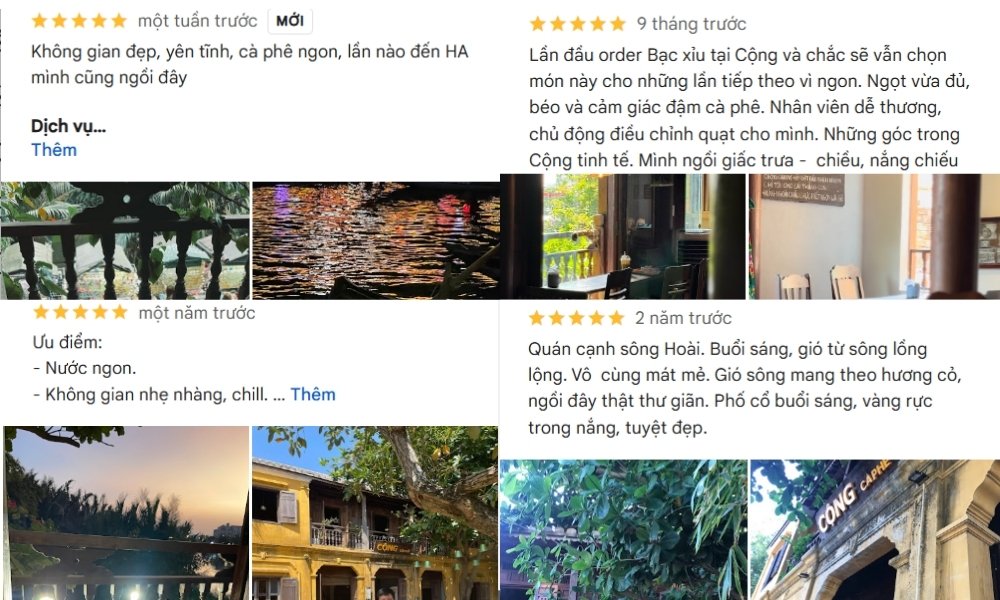 Khám Phá Hơn 10 Quán Cafe Đẹp Ở Hội An Cho Góc Sống Ảo Triệu Like 6 Hình ảnh hiển thị các đánh giá và ảnh chụp không gian quán cà phê với cây xanh và sông nước.