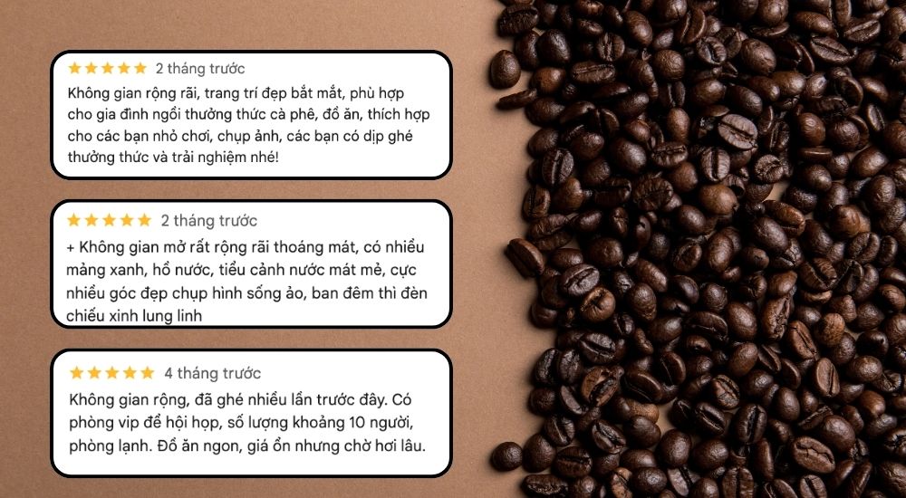 Khám Phá 10 Quán Cafe Gò Vấp Với Góc "Hidden Gem" Độc Đáo 8 Hình ảnh gồm ba đánh giá về quán cà phê bên trái và hạt cà phê bên phải trên nền màu nâu.
