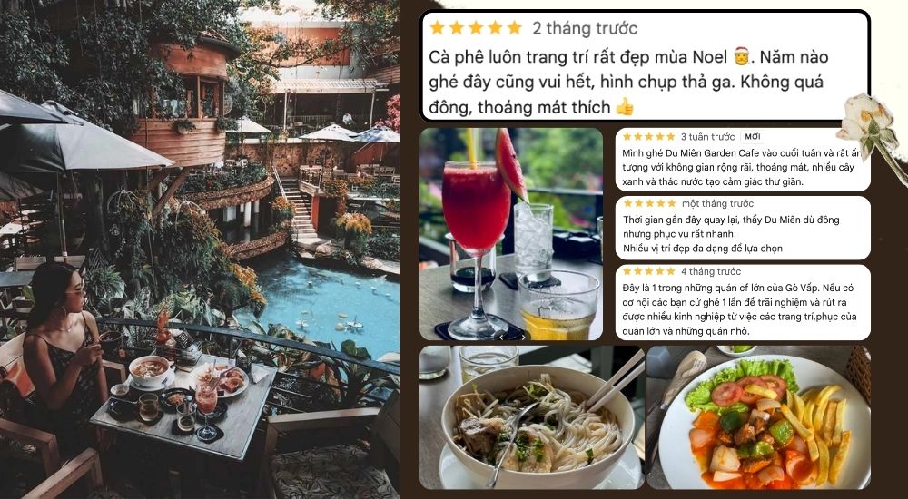 Khám Phá 10 Quán Cafe Gò Vấp Với Góc "Hidden Gem" Độc Đáo 5 Quán cà phê với không gian xanh, bàn ăn có nhiều món và đồ uống, cùng các đánh giá từ khách hàng.