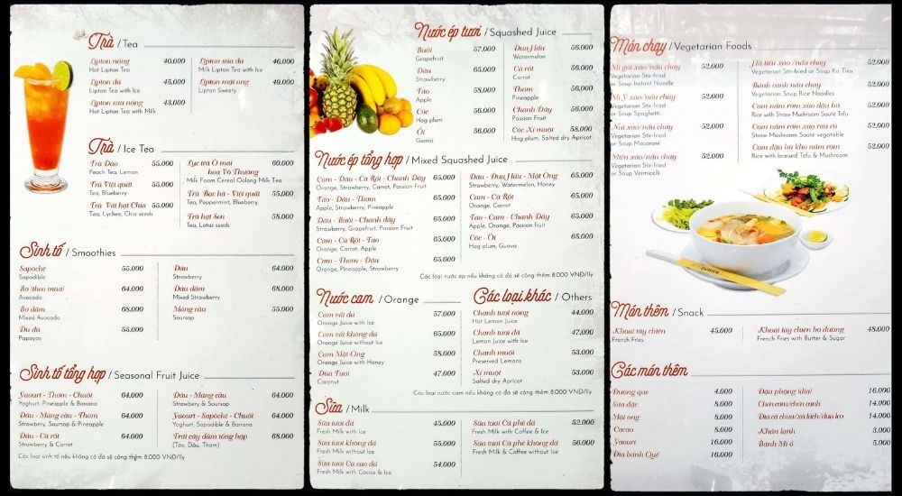 Khám Phá 10 Quán Cafe Gò Vấp Với Góc "Hidden Gem" Độc Đáo 4 Thực đơn quán cà phê với các món trà, sinh tố, nước ép trái cây, món chay và đồ ăn nhẹ kèm giá tiền.